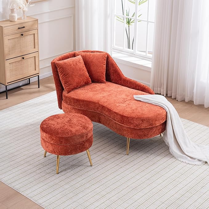 Modern Curved Chaise Lounge Chair Indoor 58 Chenille Lounge Sofa with Left Armrest &amp Lumbar PillowsUpholstered Leisure Recliner Chair with Removable Storage Footstool for Living Room (Red)