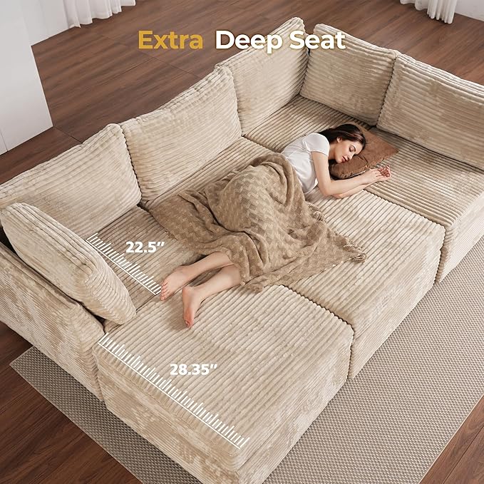 HOOOWOOO Modular Sectional Sofa Couch Matching Ottoman Seat Table Footrest(Beige Velvet Corduroy)