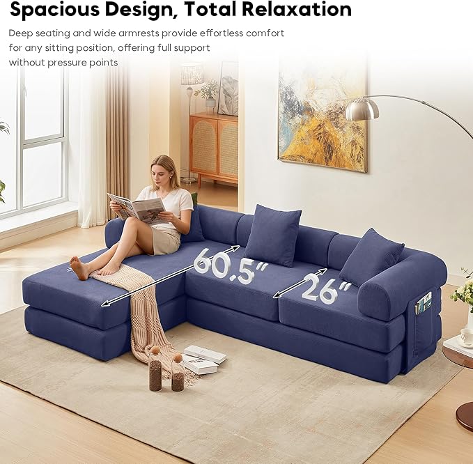 Modular L Shaped Sofa Bed with Cylindrical Pillow &amp Reversible Chaise Corduroy Convertible Floor Boneless Sofa Couch Bed with Fixed-Shape Frame &amp Storage Pocket for Living Room Blue