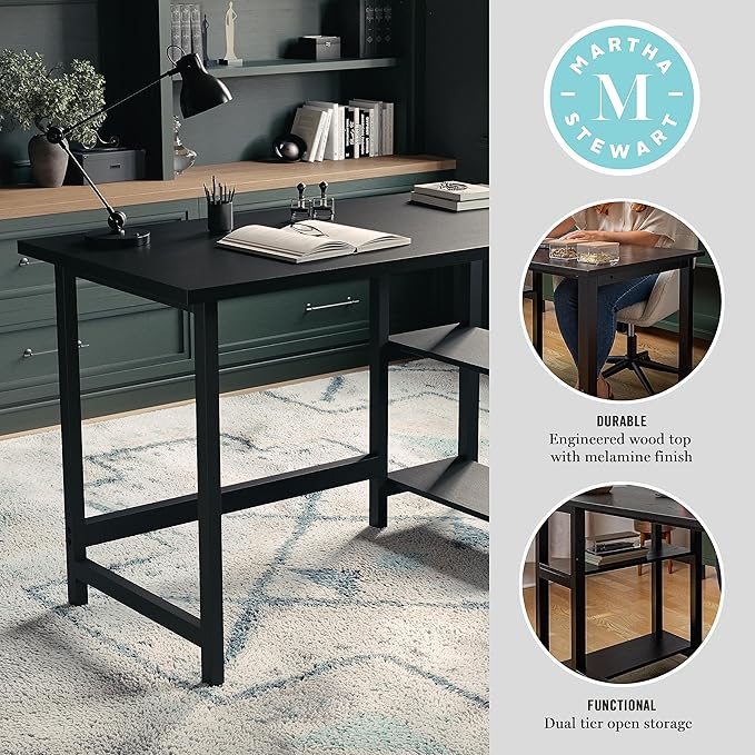Martha Stewart Beckett Modern Trestle Desk with Open Side Shelving in Black Wood Grain Finish