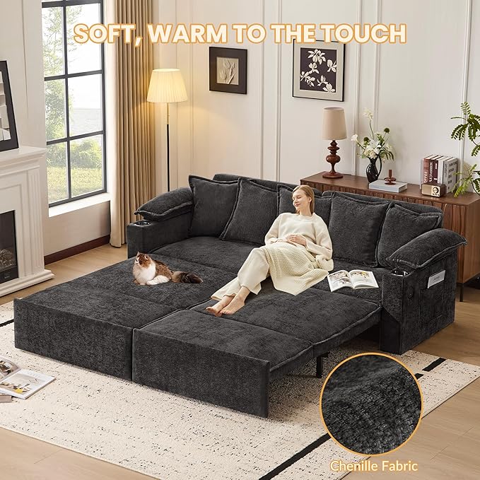 SUNWAVE 83 King Size Pull Out Sofa Bed 4-in-1 Convertible Sleeper Sofa Bed with USB Ports Cup Holders Side Pockets Corduroy Oversized Loveseat Chaise Lounge for Living Room Small Space