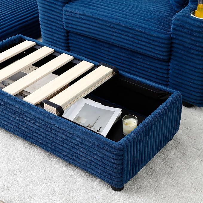 43.3 W Corduroy Chaise Lounge Chair with with Cup Holders &amp Storage Ottoman Comfy Sleeper Chair with 2 Pillow Extra Wide Armrests Modern Deep Seat Reading Armchair for Living Room (Blue)