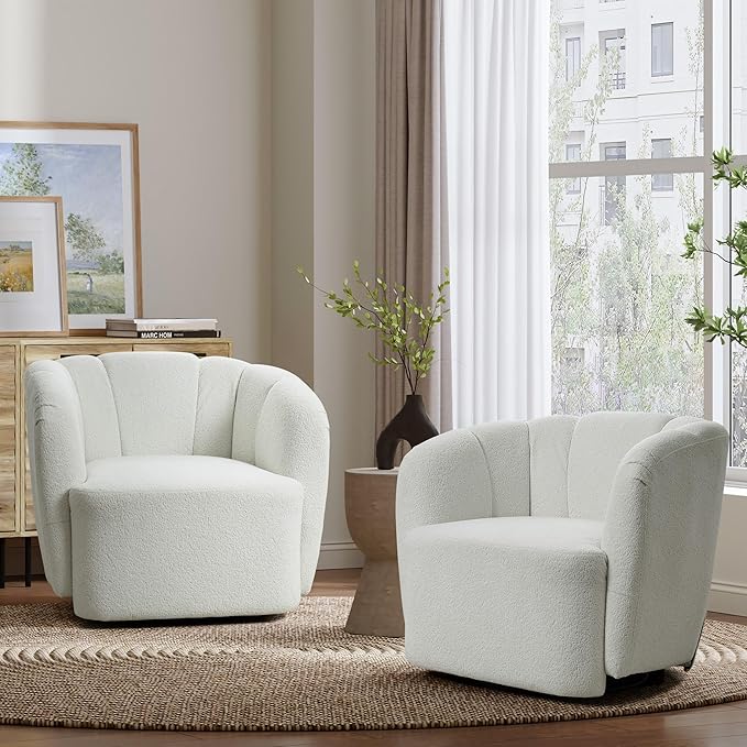 LuxenHome Swivel Barrel Accent Chair Modern Comfy Upholstered Ivory Boucle Accent Chair for Living Room Bedroom NurserySingle Sofa Club Armchair with 360 Degree Soft Elegant Sherpa