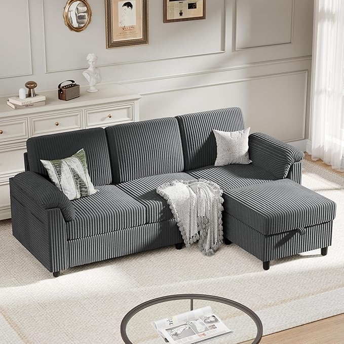 Meilocar Sectional Couches for Living Room L Shaped Couch with Side Storage Pockage Comfortable 3 Seat Sofa Couches for Apartment Grey