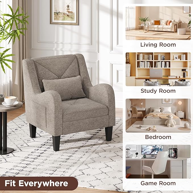 Maupvit Chenille Accent Chair for Living Room Bedroom Chair Comfy Reading Chair Upholstered Arm Chair Single Sofa Chair with Lumbar Pillow Mid Century Modern Chair for Small Spaces Grey