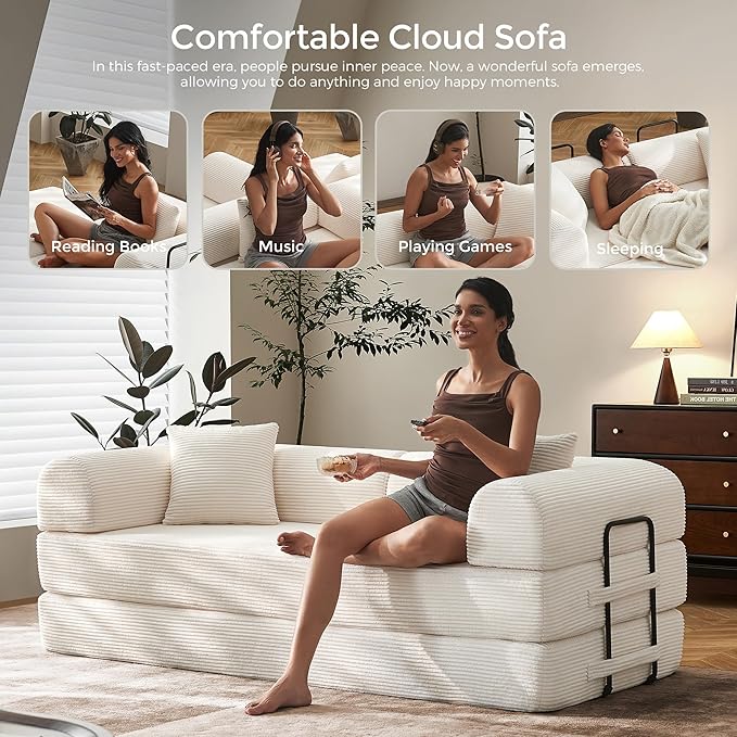 79 Corduroy Floor Sofa Bed Convertible Modular Sleeper Sofa Removable Parts Design Comfortable Seating and Sleeping for Family Use Relaxation Area (Beige White)