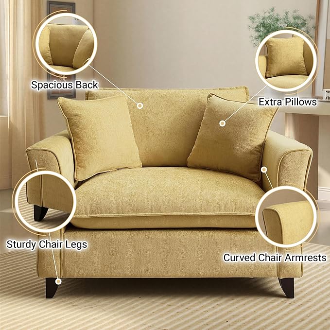 ERYE 46.9 Chenille Upholstered Accent Chair Wide Seat for Living Room Bedroom Modern Leisure Cushion Armchair W/ 2 Pillows and Removable Cover for Home Apartment Office