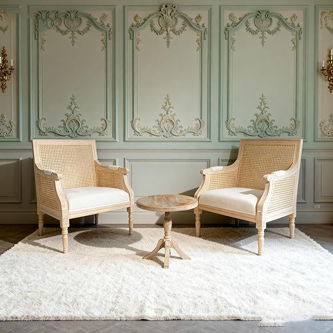 French Accent Chair(Singel) Upholstered Armchair with Vintage Rattan Hollow-Out Back and Solid Rubberwood FrameReading Chair for Living Room Bedroom Farmhouse Balcony Home Office Beige
