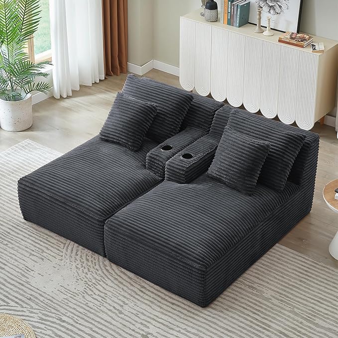 Oversized Double Chaise Lounge Chair Indoor Fluffy Upholstered Corduroy Sofa Bed with Throw Pillows Comfy Sleeper Deep Seat Sectional Loveseat Sofa Couch for Living Room (Dark Gray)