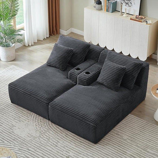Oversized Double Chaise Lounge Chair Indoor Fluffy Upholstered Corduroy Sofa Bed with Throw Pillows Comfy Sleeper Deep Seat Sectional Loveseat Sofa Couch for Living Room (Dark Gray)