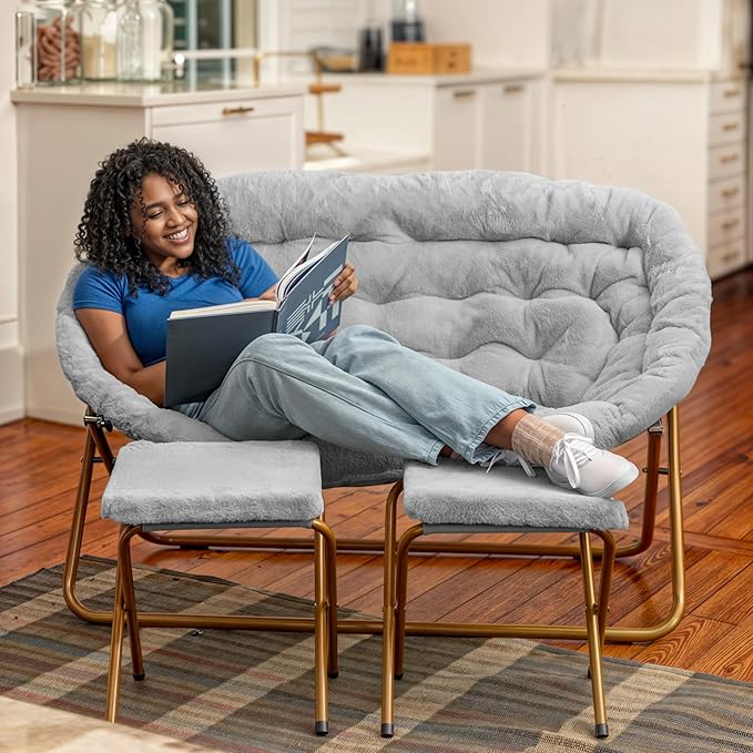 Flash Furniture Eleanor Portable Double Saucer Chair with 2 Ottomans Folding Steel Frames for Dorm or Bedroom 56 Gray Faux Fur/Soft Gold Frame