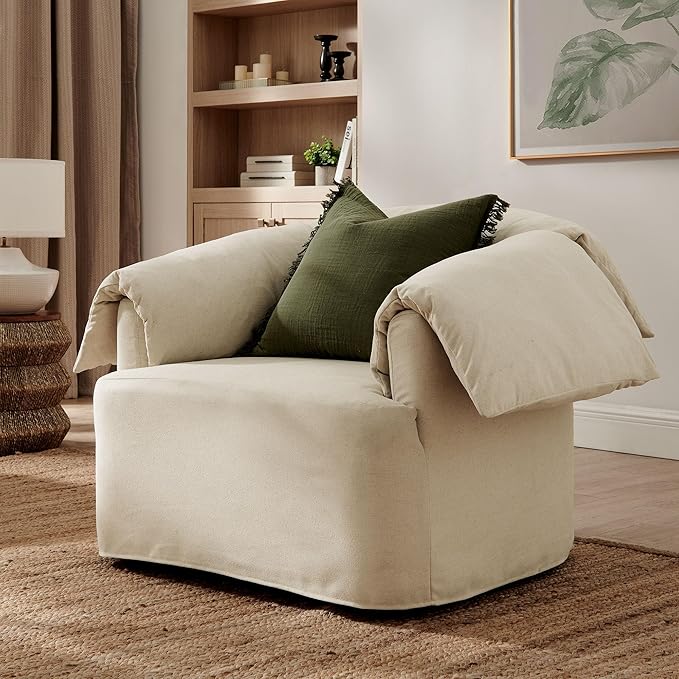 Modway Lark Oversized Accent Chair in Linen Fabric – Upholstered Modern Armchair with Down Blend Cushions – Slipcovered Chair for Living Room or Reading Nook