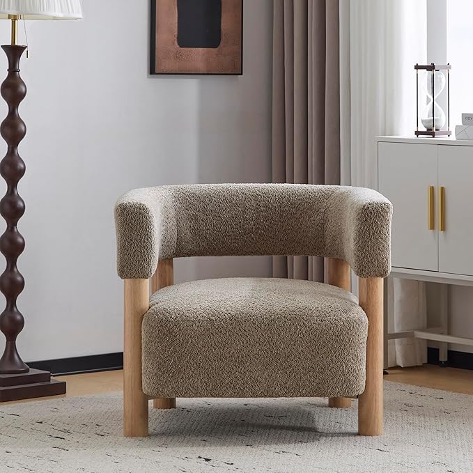 Christopher Knight Home Carly Low Profile Accent Chair Round Backrest Side Chair Living Room Armchair with Boucle Fabric CushionComfy Reading Chair for BedroomWooden Single Lounge SofaLight Camel