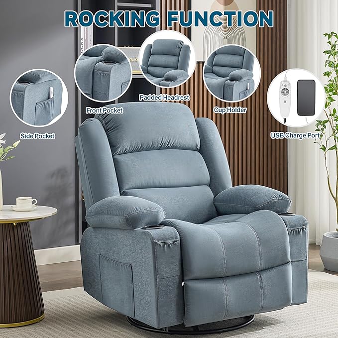 Rocker Recliner Chair with Heat and Massage 360° Swivel Nursery Rocking Chairs for Adults Oversized Recliner Single Sofa Seat with Cup Holders Lazy Boy Recliner Single Sofa (Manual Blue)