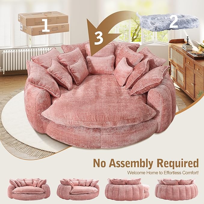 81 Oversized Bean Bag Chair Boneless Round Chaise Lounge Comfy Chenille Reading Chair Fluffy Plush Sofa Bed Large Deep Seat Circle Cloud Couch for Living Room/Apartment/Bedroom Pink