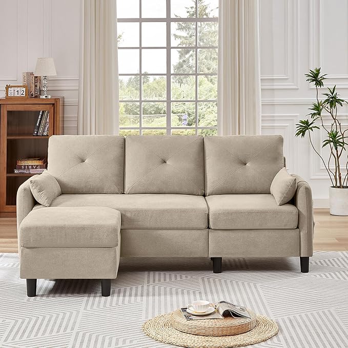 Small Sectional Sofa Convertible Sectional Sofa with Reversible Chaise Modern 3 Seat L-Shaped Sofa Couches for Living Room Apartment Office Beige