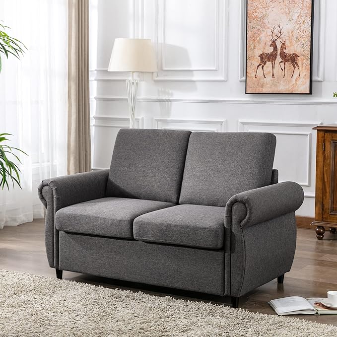 Merax 57.9 Loveseat Sofa Couch with Pull Out Bed 3 in 1 Convertible Line Fabric Sleeper Sofa Bed with 2 USB Ports and Twin Size Memory Mattress for Apartment Office Living Room (Grey)