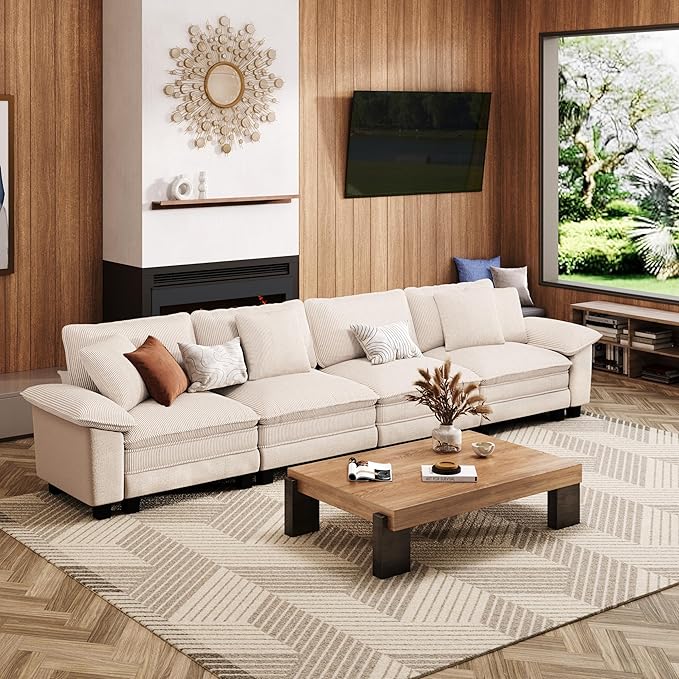 157.5 Cloud Modular Sectional Sofa 4-Seater w/Deep Seat &amp Removable Arms Plush Corduroy for Living Room - Beige