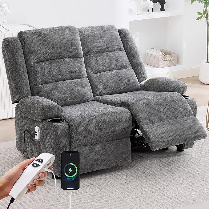 52Inch Power Loveseat ReclinerElectric Reclining Loveseat SofaAdjustable Love seat Recliner Sofa for Living RoomBedroom with Charging Ports(Grey one seat+loveseat)