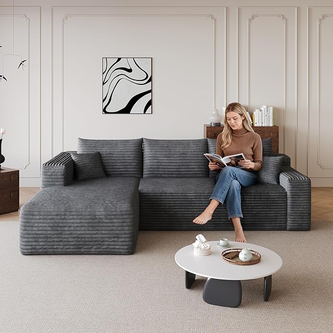 96 Boneless Cloud Modular Sectional Sofa – L-Shape Corduroy CouchDeep Seating Comfort No Assembly Ideal for Apartments &amp Small Living Rooms (Dark GrayLeft Facing)