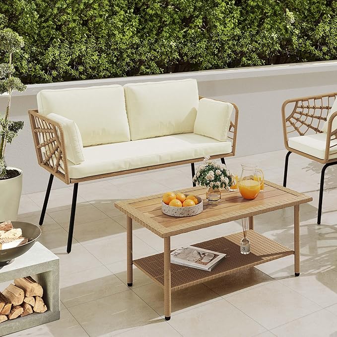 YITAHOME 2 Pieces Patio Furniture Set All-Weather Wicker Loveseat with Thick Cushions &amp Rattan Table Outdoor Conversation Set for Patio Balcony Backyard Deck Poolside