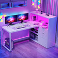 DWVO L Shaped Desk with Drawers 55 Corner Computer Desk with Bookshelf &amp Power Outlets &amp LED Lights Home Office Desk with Storage Shelves White