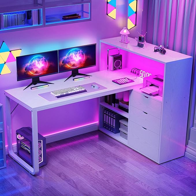 DWVO L Shaped Desk with Drawers 55 Corner Computer Desk with Bookshelf &amp Power Outlets &amp LED Lights Home Office Desk with Storage Shelves White
