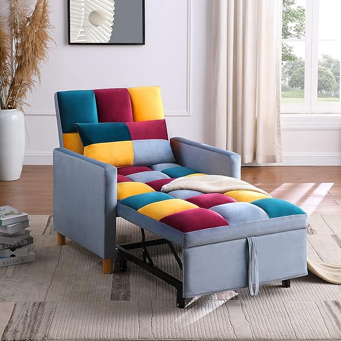 3-in-1 Convertible Chair Sleeper Sofa Bed with Adjustable Backrest Sleeper Chair Pull Out Bed for Small Space (Rainbow)
