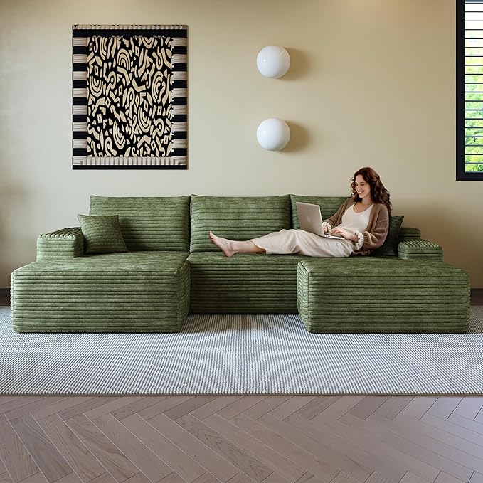 108 Sectional Couches for Living Room Modern Modular Sofa with L-Shape Couchs Upholstered Boneless Couch Deep Seat Sectional Couch with Chaise (Green Left Facing Chaise+2Seaters+1Ottoman)