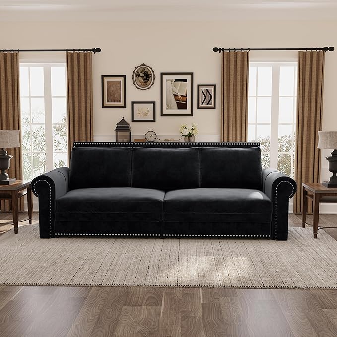 KEIKI 93.7 King Size Convertible Velvet Sofa Bed with Nailhead Trim &amp Rolled Arm Multi-Functional for Living Room Bedroom Office Black