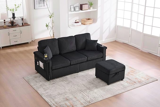 76.8 L-Shaped Sleeper Sofa with Storage Ottoman USB Ports Cup Holders&ampLED Lights Side Pockets Comfy Corduroy Modern 3-Seater Small Couch Bed for Living Room with 2 Throw Pillows (Black)