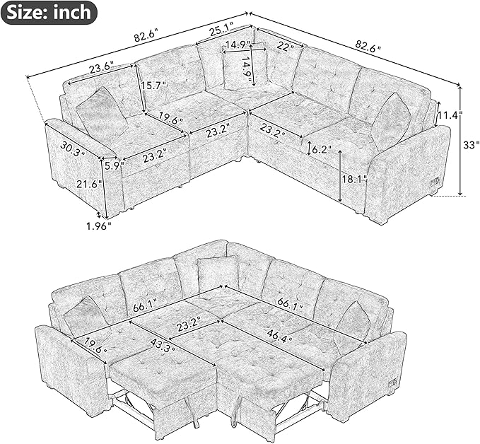 82.6 L-Shape Sofa Bed with Wheels Pull-Out Sleeper Sofa with USB Ports and Power Sockets Multifunctional Convertible Sectional Sofa Set for Living Room Bedroom (Brown-11x)