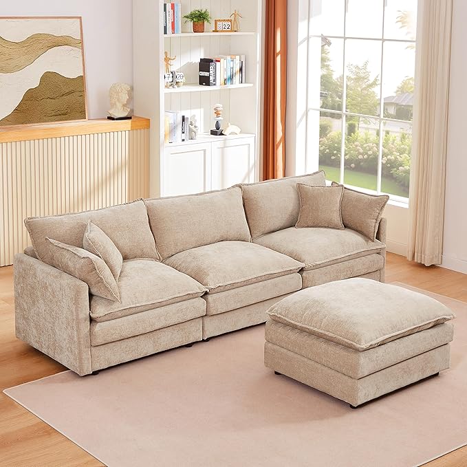102 Modular Sectional Sofa L Shaped Cloud Couch with Movable Ottoman Comfy Chenille Deep Seat Sofa with Throw Pillows 3-Seater Cloud Couches for Living Room Apartment