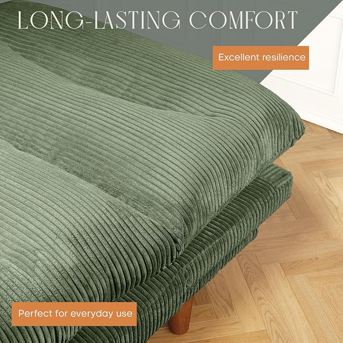 Futon Sofa Bed 69 inch Futon Couch with Adjustable Backrest Corduroy Convertible Sleeper Sofa Bed Folding Sleeper Recliner for Apartment Living Room Office Green