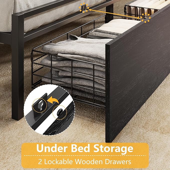 Furnulem King Bed Frame with Wood Headboard &amp Storage Drawers Metal Platform Bed Frames King Size with LED Lights Built in Charging Station No Box Spring Needed No Noise Easy Assembly Black