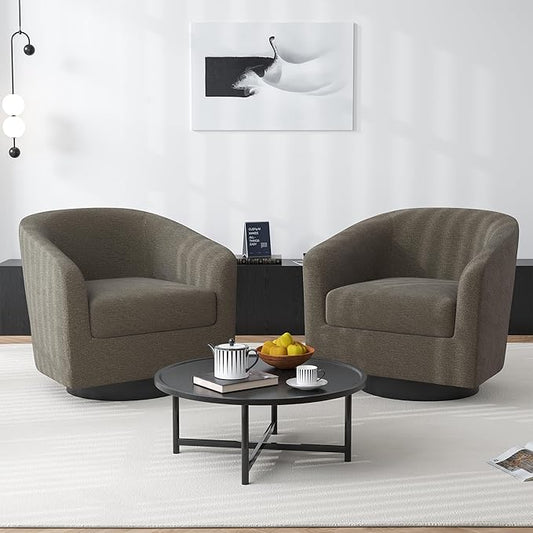Swivel Barrel Accent Chair Modern Round Chenille Fabric Arm Chair for Living Room Bedroom Comfy Club Reading Chairs for Adults（Chenille Fabric Tan Set of 2