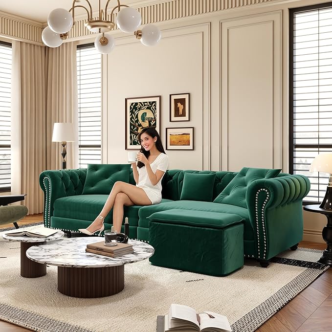 Eafurn 3 in 1 Oversized Chesterfield Loveseat Sofa Convertible Pull Out Sleeper Sofabed King Size Couch Bed w/Movable Ottoman and Nailhead Trim for Living Room Tufted Velvet Recliner Daybed Sofacama