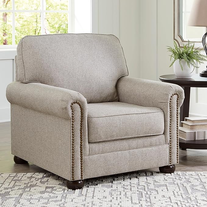 Signature Design by Ashley Gaelon Transitional Upholstered Chair with Nailheads Light Gray