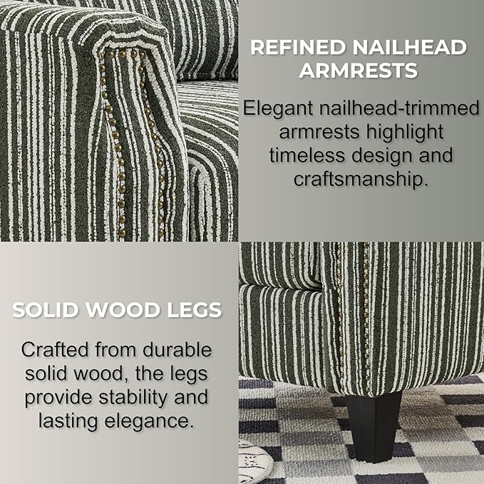 Stripes Accent Chair Modern Upholstered Boucle Fabric Armchair Single Sofa with Wood Legs for Living Room Patio Green Stripes.