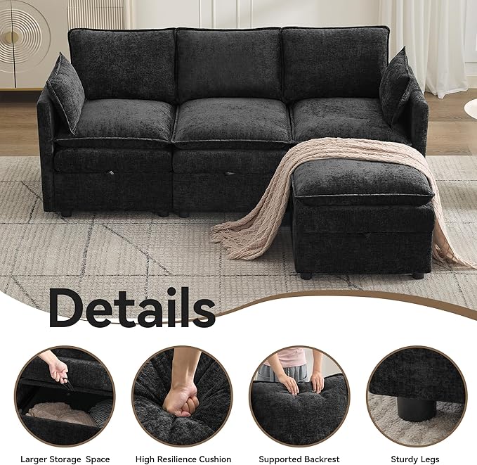 80 Cloud 3 Seater Sectional Modular Couch with Storage Ottoman Upholstered Storage Sofa Modern Couch Deep Seat Chenille L Shape Sofa Comfy Couches with Armrests for Living Room Small Space Black