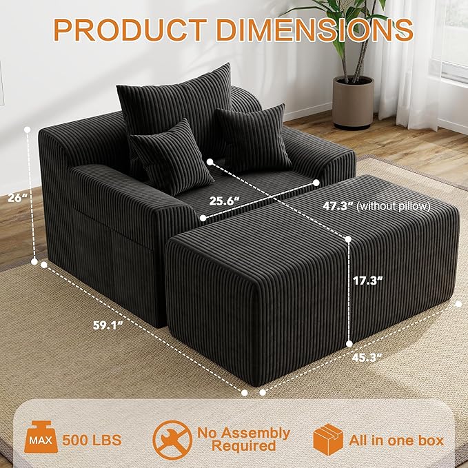 LSSBOUGHT 60'' Chaise Lounge Chair Indoor Oversized Upholstered Sofa Bed Sleeper Couch Reading Chairs Plush Corduroy Fabric Sofas Couches for Living Room (Black)