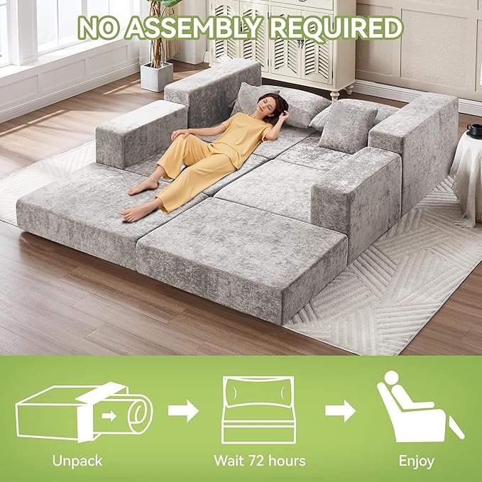 79 Boneless Loveseat Sofa Couch Modular Foldable Floor Cloud Sofa with Ottoman Lounge Convertible Sofa Bed for Living Room No Assembly Chenille Light Grey
