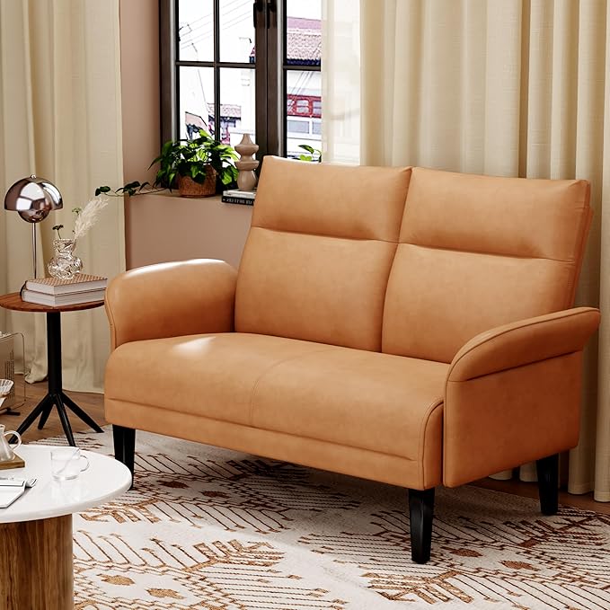 Yongchuang Small Couch 46 Brown Faux Leather Loveseat Sofa for Living Room Bedroom Love Seat Mini Couch with Arm Rest