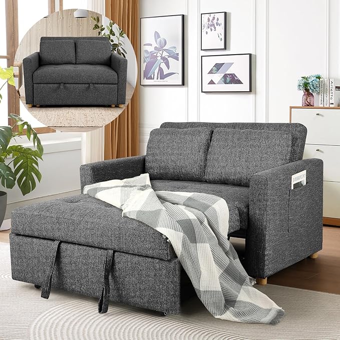 SEJOV Sleeper Sofa 3-in-1 Convertible Pull Out Couch Bed Futon Sofa Linen Fabric Loveseat with 2 Pillows and Adjustable Backrest Chaise Lounge for Small Spaces Apartment Dorm Office Black