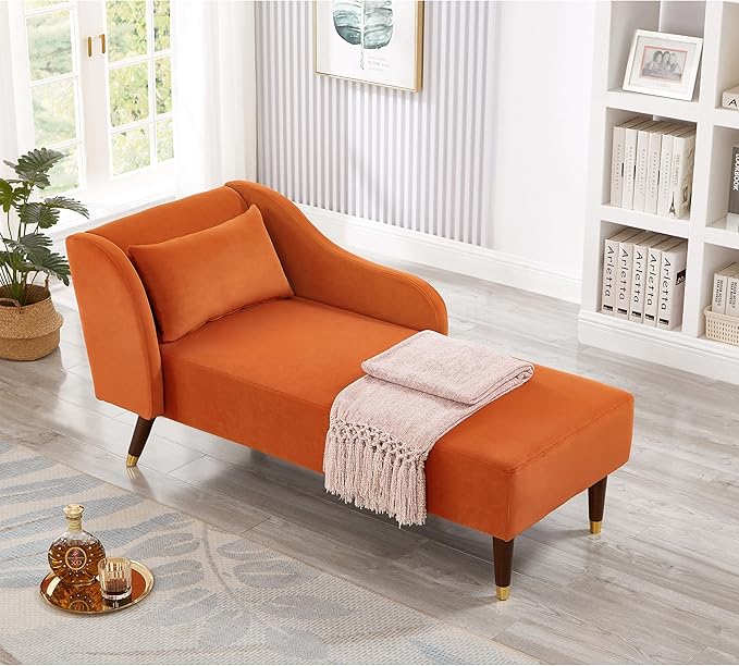 58 Modern Velvet Sofa Chaise with Tilted Backrest Comfortable Luxurious Lounge Chair with Curved Armrests Stylish Sofa Couch with Solid Wood Legs for Apartment Bedroom Living Room Orange