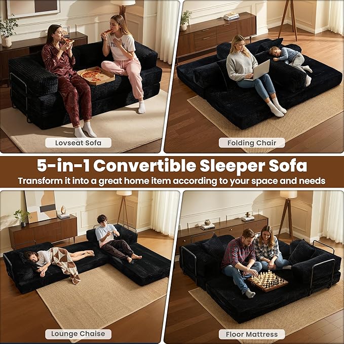 ovios 81 Folding Sofa Bed Foldable Sleeper Boneless Couch with Pull Out Beds Modular Convertible Floor Futon Loveseat Lounger for Living Room (Corduroy Black)