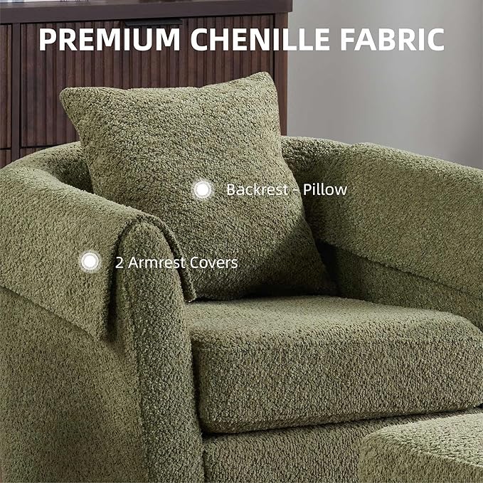 Green Swivel Accent Chair with Ottoman 360° Barrel Chairs with Foot Stool Comfy Reading Chair with Removable Pillow &amp 2 Armrest Covers for Living Room Small Spaces Bedroom Chenille Fabric (Gree