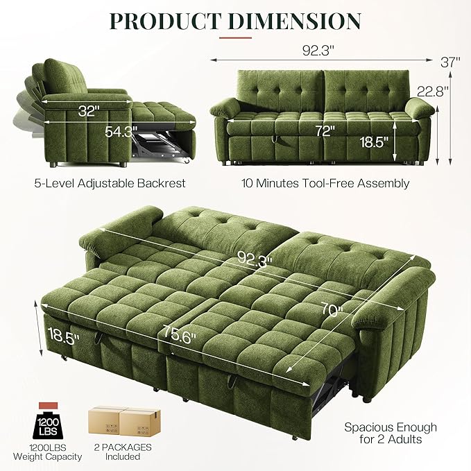 Jocisland 93” 4-in-1 Convertible Sofa Bed Cloud Sleeper Sofa Tufted Chenille 5-Position Adjustable Backrest 10-Minute Tool-Free Assembly Couches for Living Room Guest Room Green