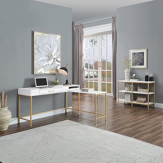 OSP Home Furnishings Modern Life Contemporary L-Shaped Desk with Large Drawer and Built-in Power Charging Port White