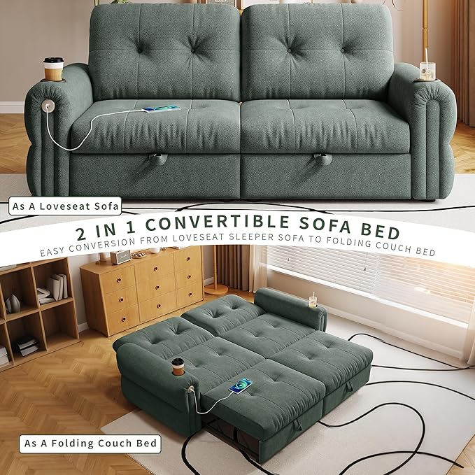 77 Pull Out Sofa Bed Velvet Convertible Sleeper Couch Loveseat Chaise Lounge with Cup Holder and USB Pullout Futon Sofa Bed for Living Room Bedroom Small Spaces RV (Green-)